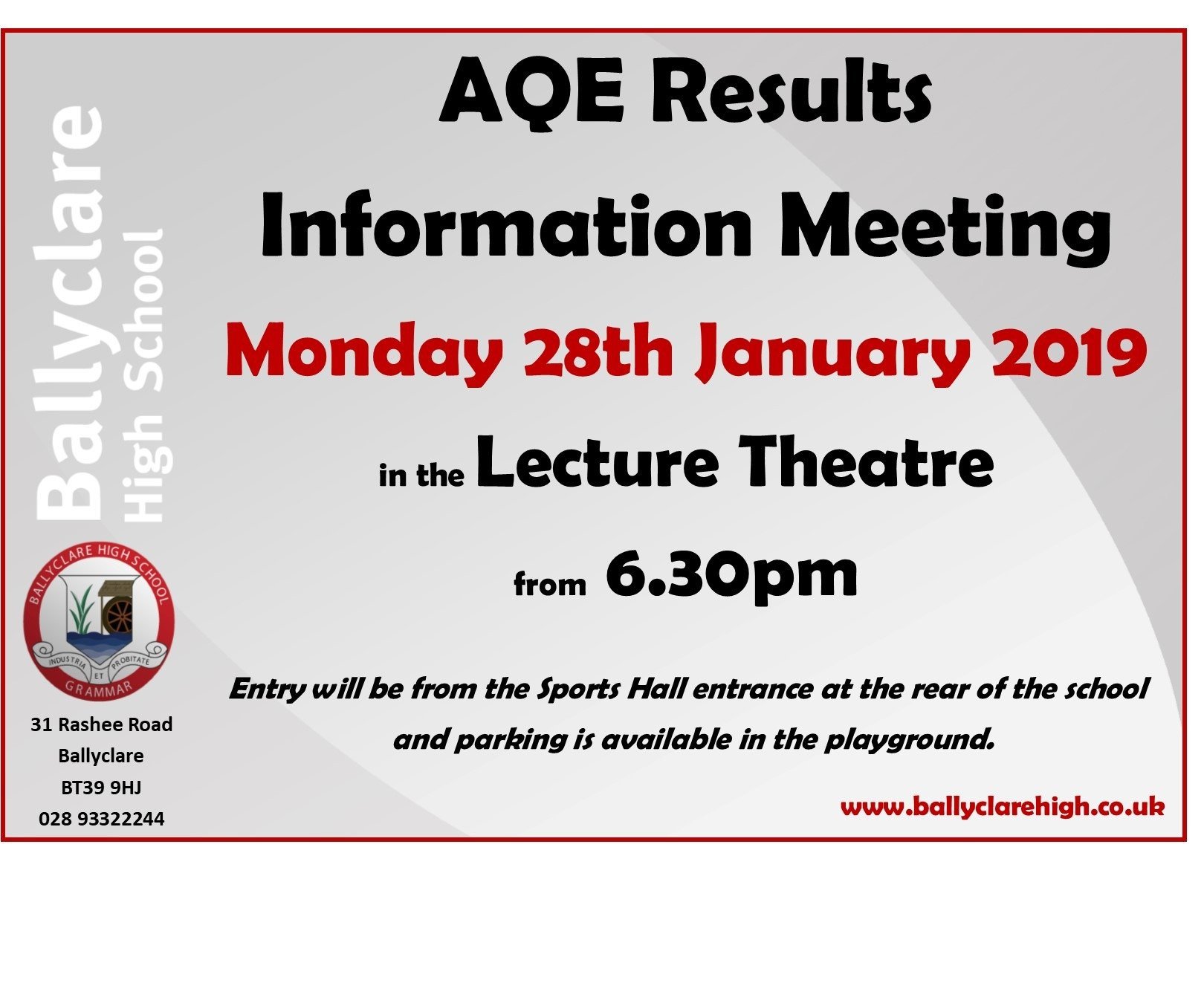 AQE Results Information Meeting Monday 28th January at 630pm